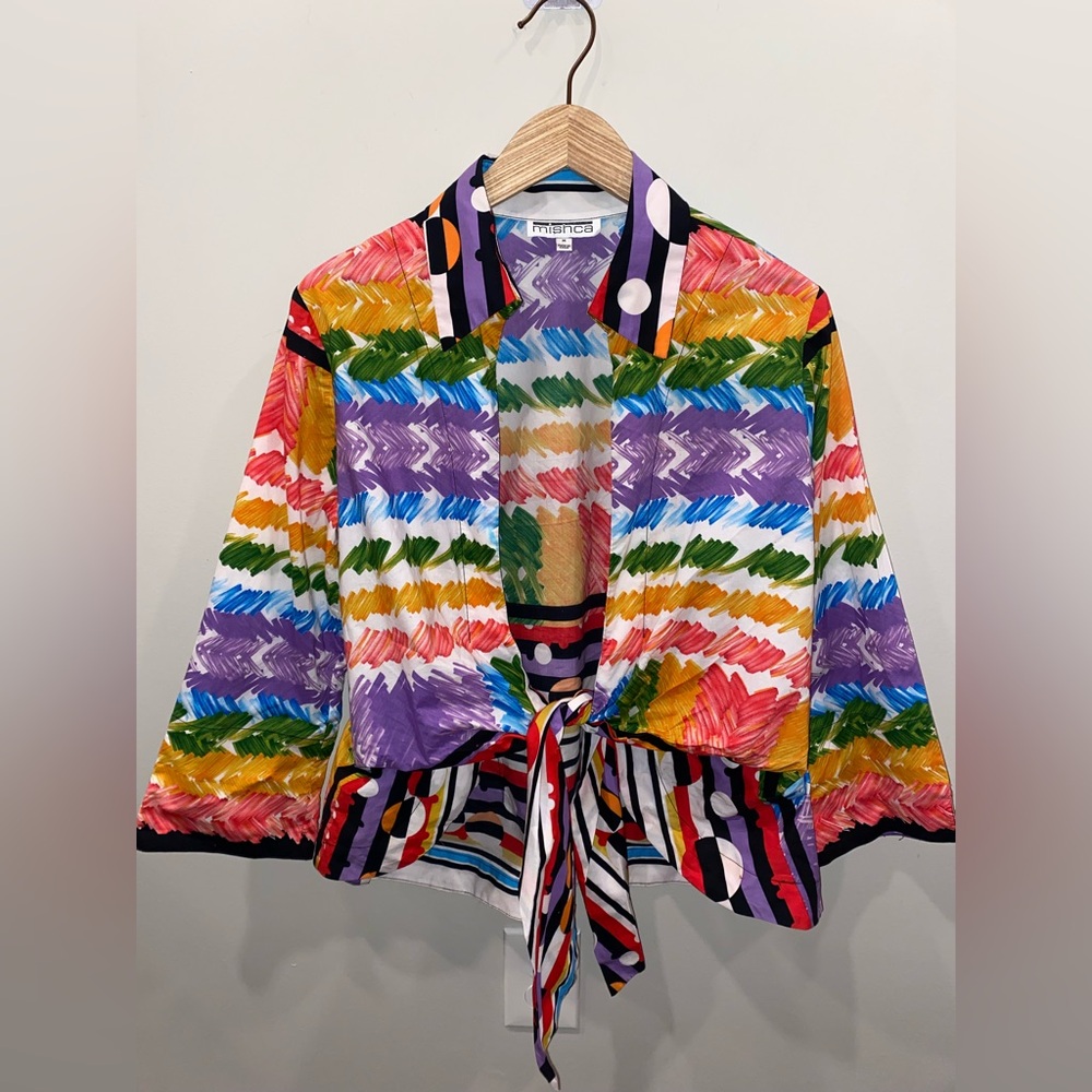 Vintage Mischa 100% Cotton Abstract Print Multicolor Tie Front Top Women’s M